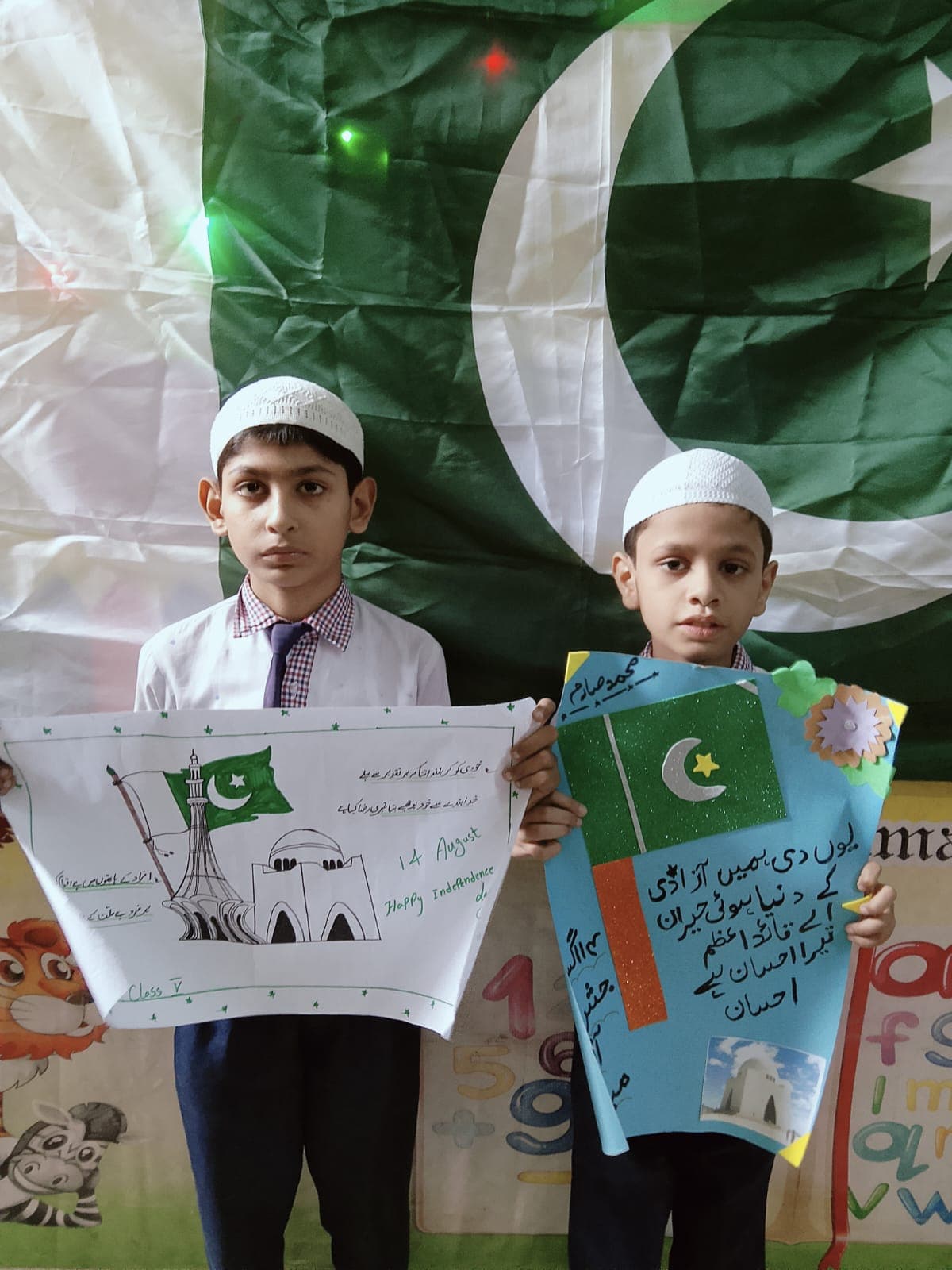 Students with handmade flags and posters