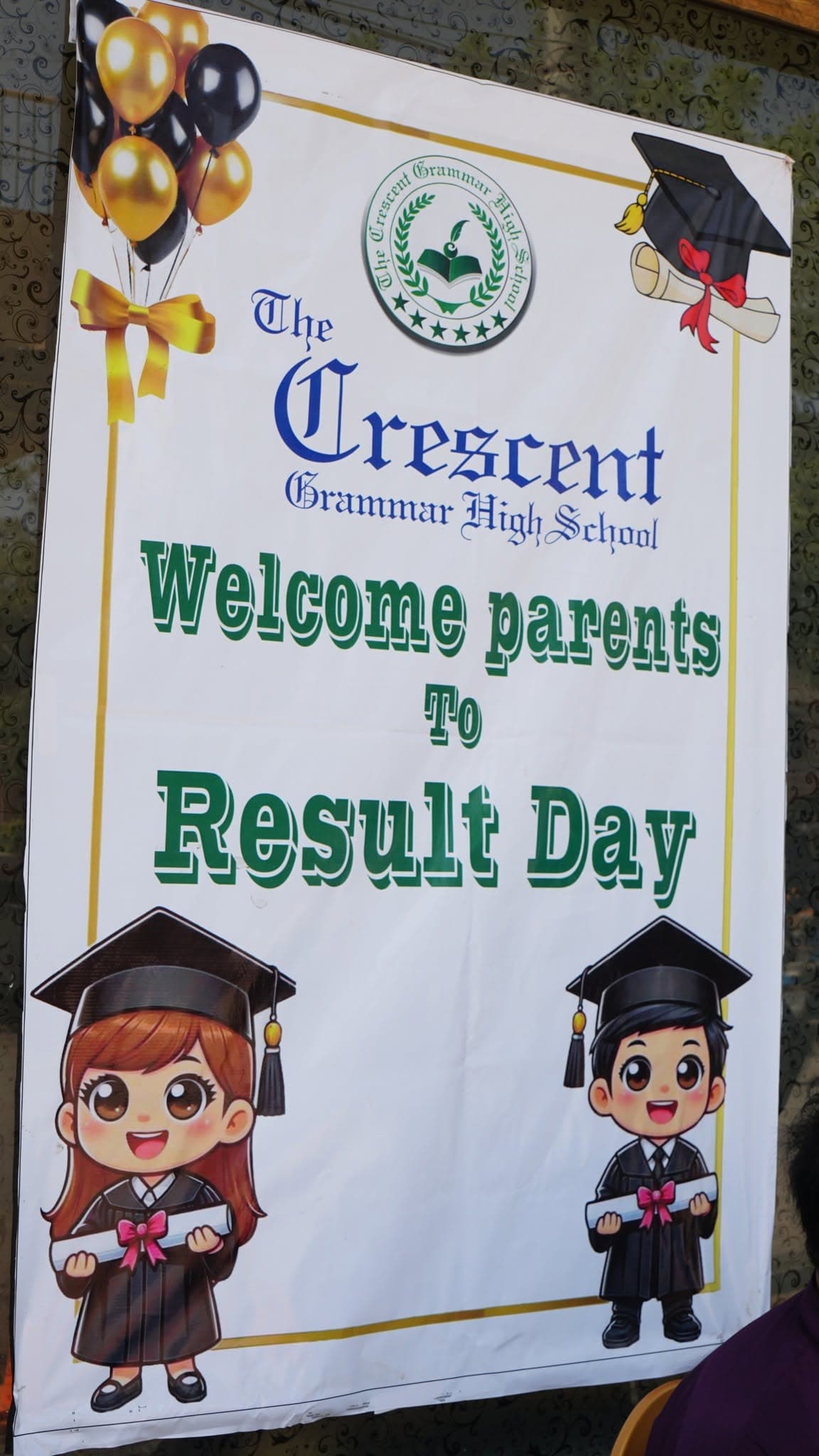 The Crescent Grammar High School welcome parents result-day banner